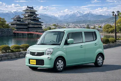 松本レンタカー 軽自動車 — 4WD対応の軽自動車、白いボディの車体。松本城周辺や安曇野の日帰りドライブに最適